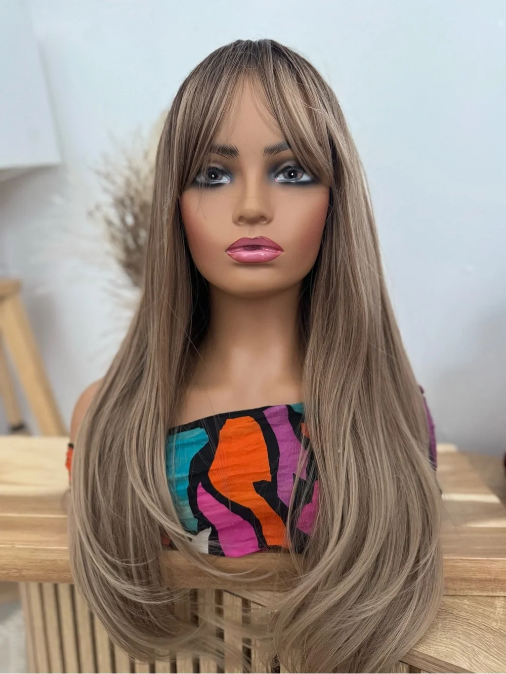 Long Layered Brown Ash Blonde Balayage Side Bangs - Natural Look